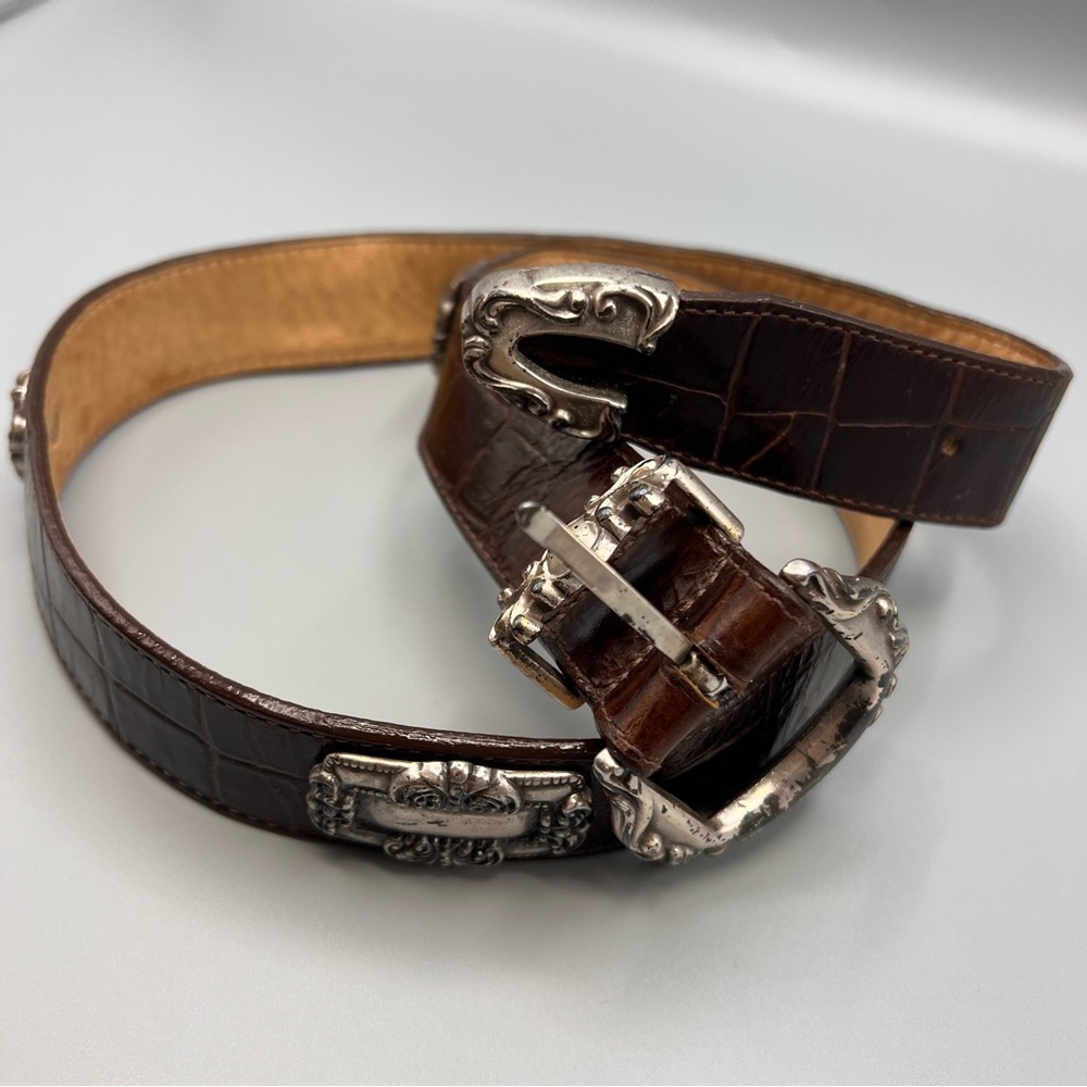 Brighton 1993 Belt Leather Brown Croc , Hardware Silver plated Metal distressed